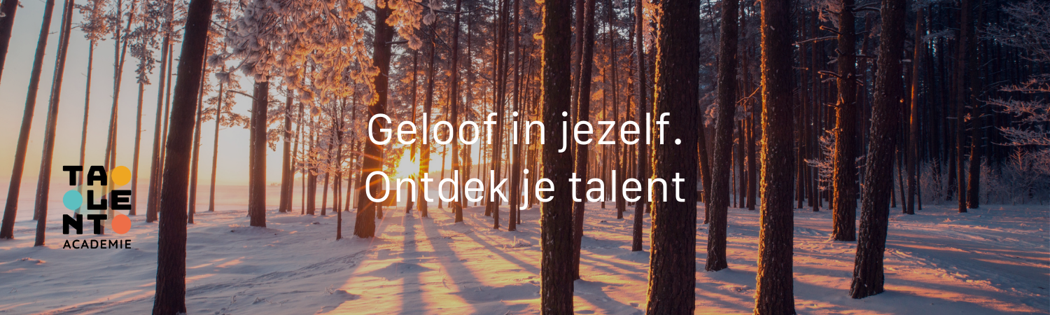 Winterse achtergrond met sneeuw in het bos en de tekst van Talent Academie: Geloof in jezelf. Ontdek je talent. Gericht op talentontwikkeling van kinderen.